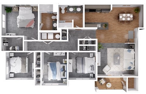 Floor plan for 4 beds, 2 baths, 1480 sqft